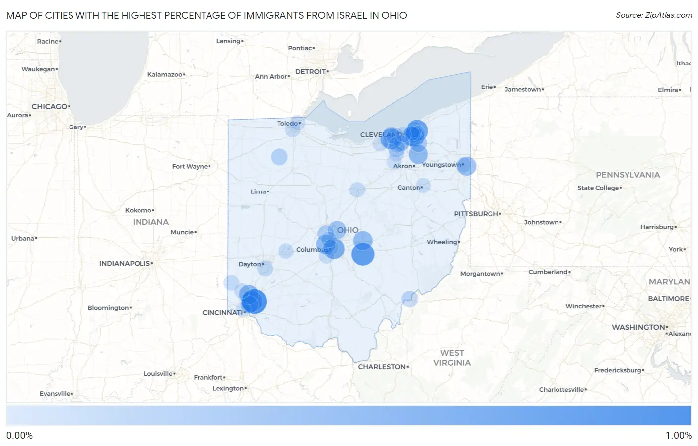 Cities with the Highest Percentage of Immigrants from Israel in Ohio Map
