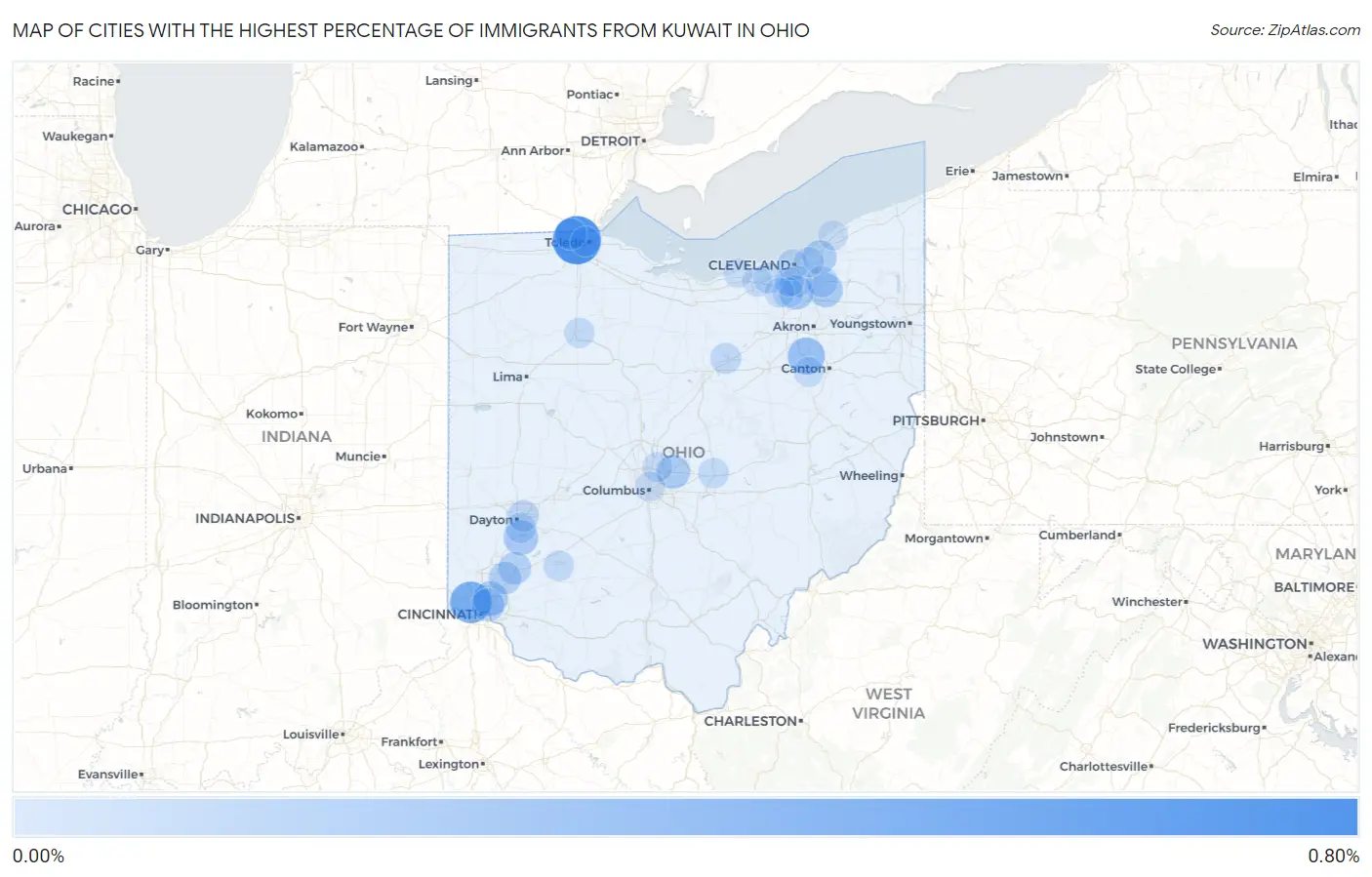 Cities with the Highest Percentage of Immigrants from Kuwait in Ohio Map
