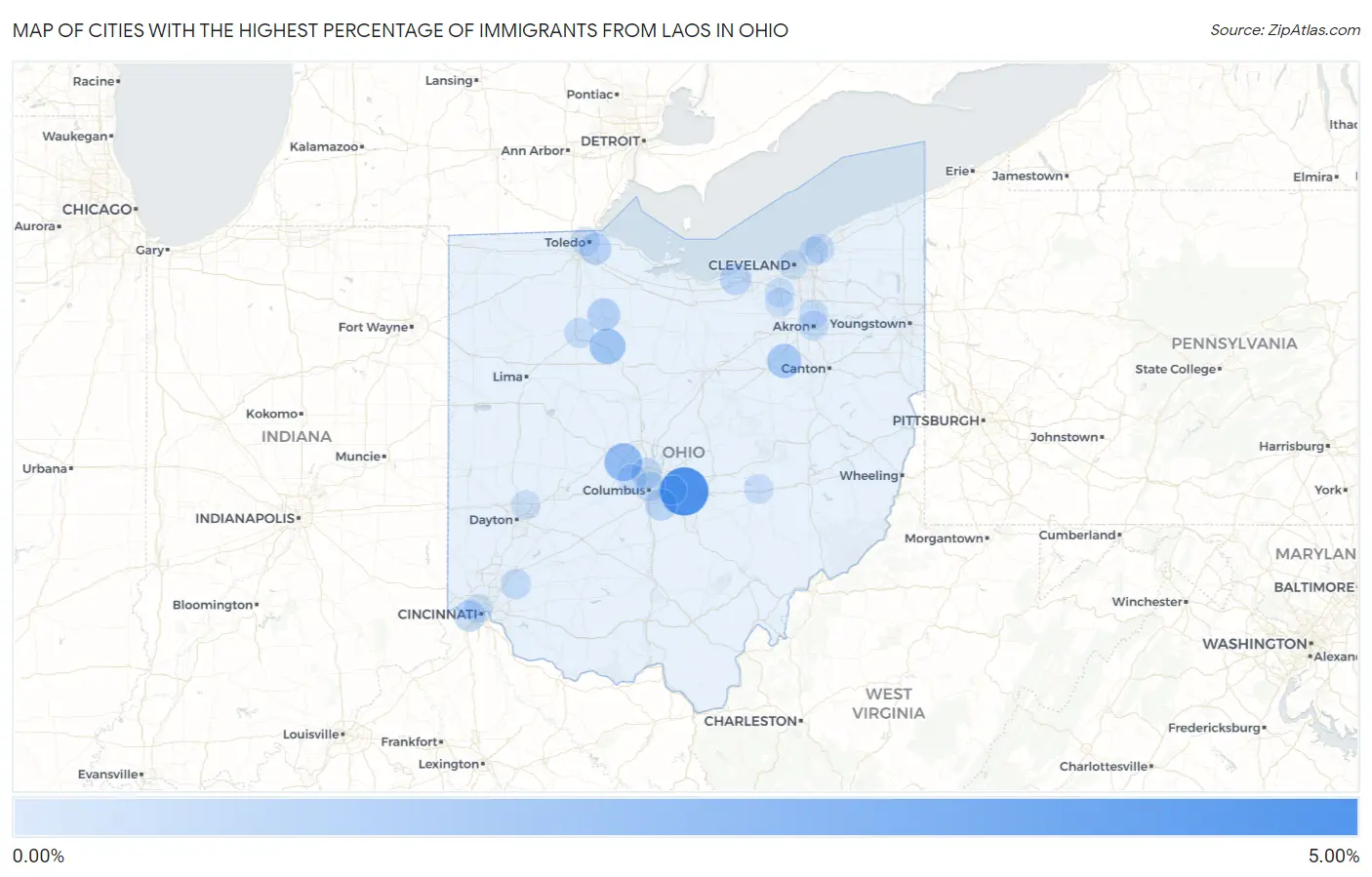 Cities with the Highest Percentage of Immigrants from Laos in Ohio Map