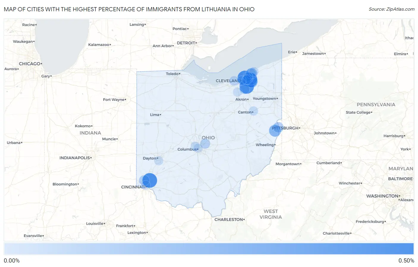 Cities with the Highest Percentage of Immigrants from Lithuania in Ohio Map