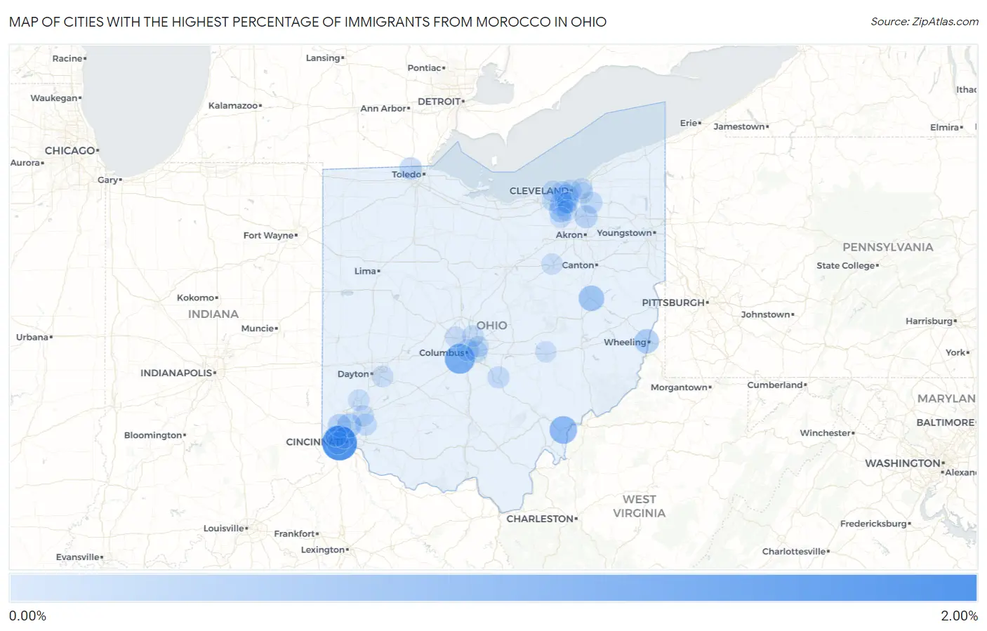 Cities with the Highest Percentage of Immigrants from Morocco in Ohio Map