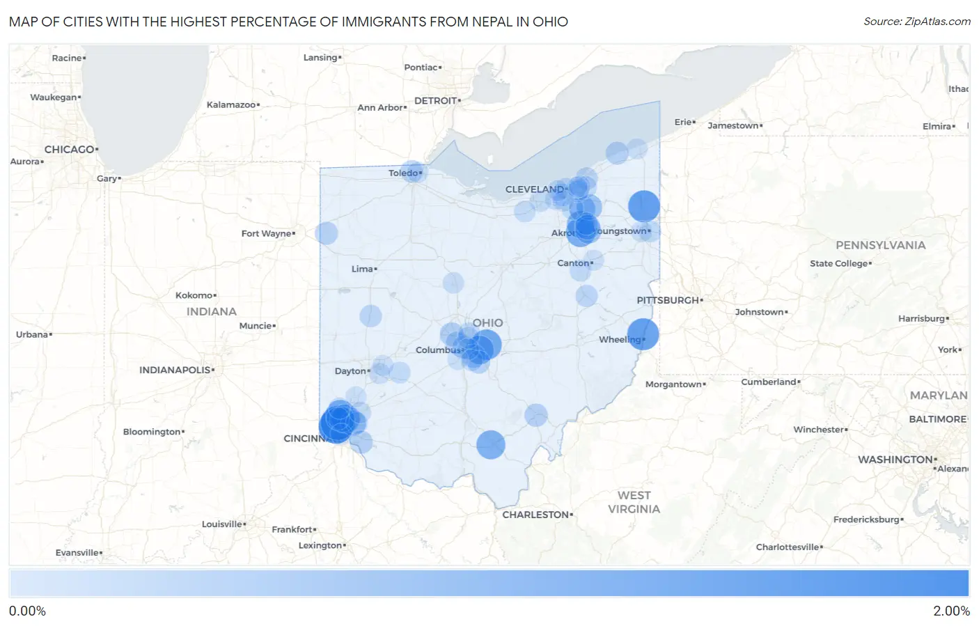 Cities with the Highest Percentage of Immigrants from Nepal in Ohio Map
