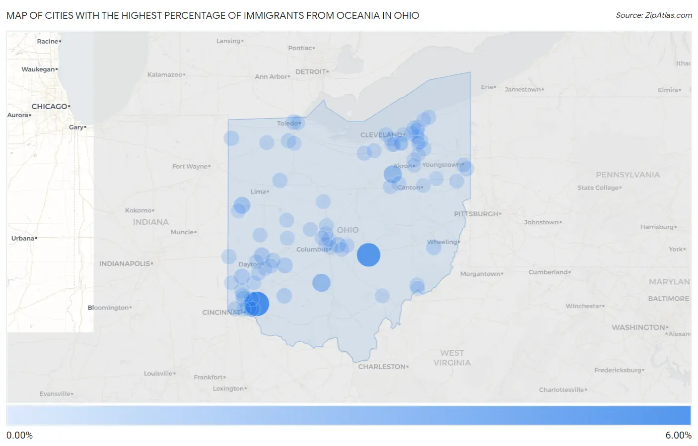 Cities with the Highest Percentage of Immigrants from Oceania in Ohio Map