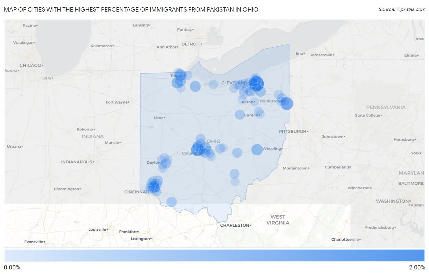 Cities with the Highest Percentage of Immigrants from Pakistan in Ohio Map