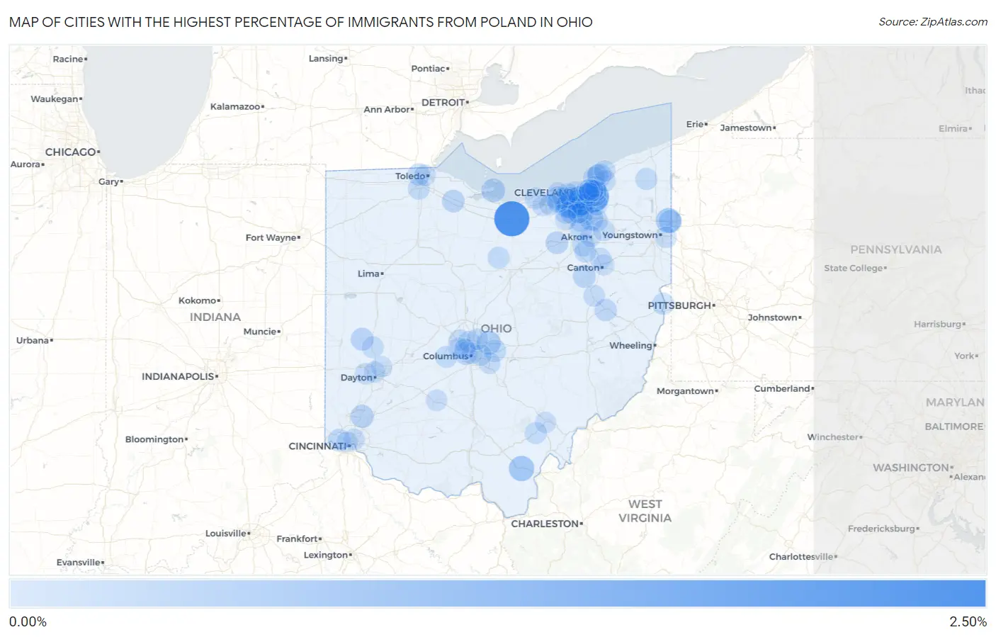 Cities with the Highest Percentage of Immigrants from Poland in Ohio Map