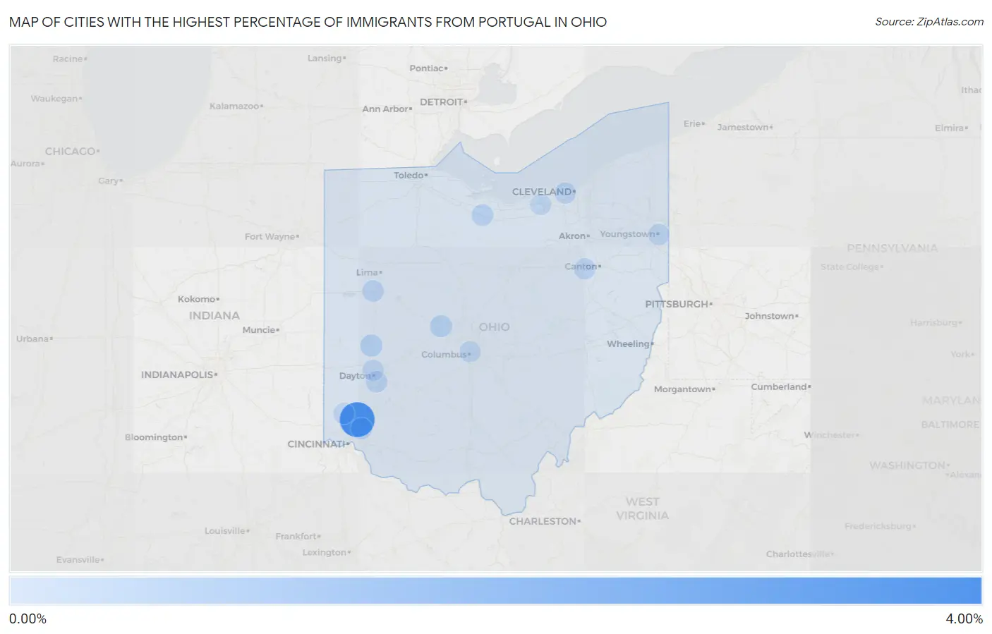 Cities with the Highest Percentage of Immigrants from Portugal in Ohio Map