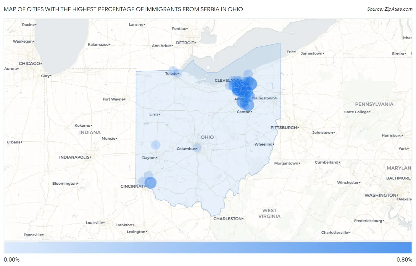 Cities with the Highest Percentage of Immigrants from Serbia in Ohio Map