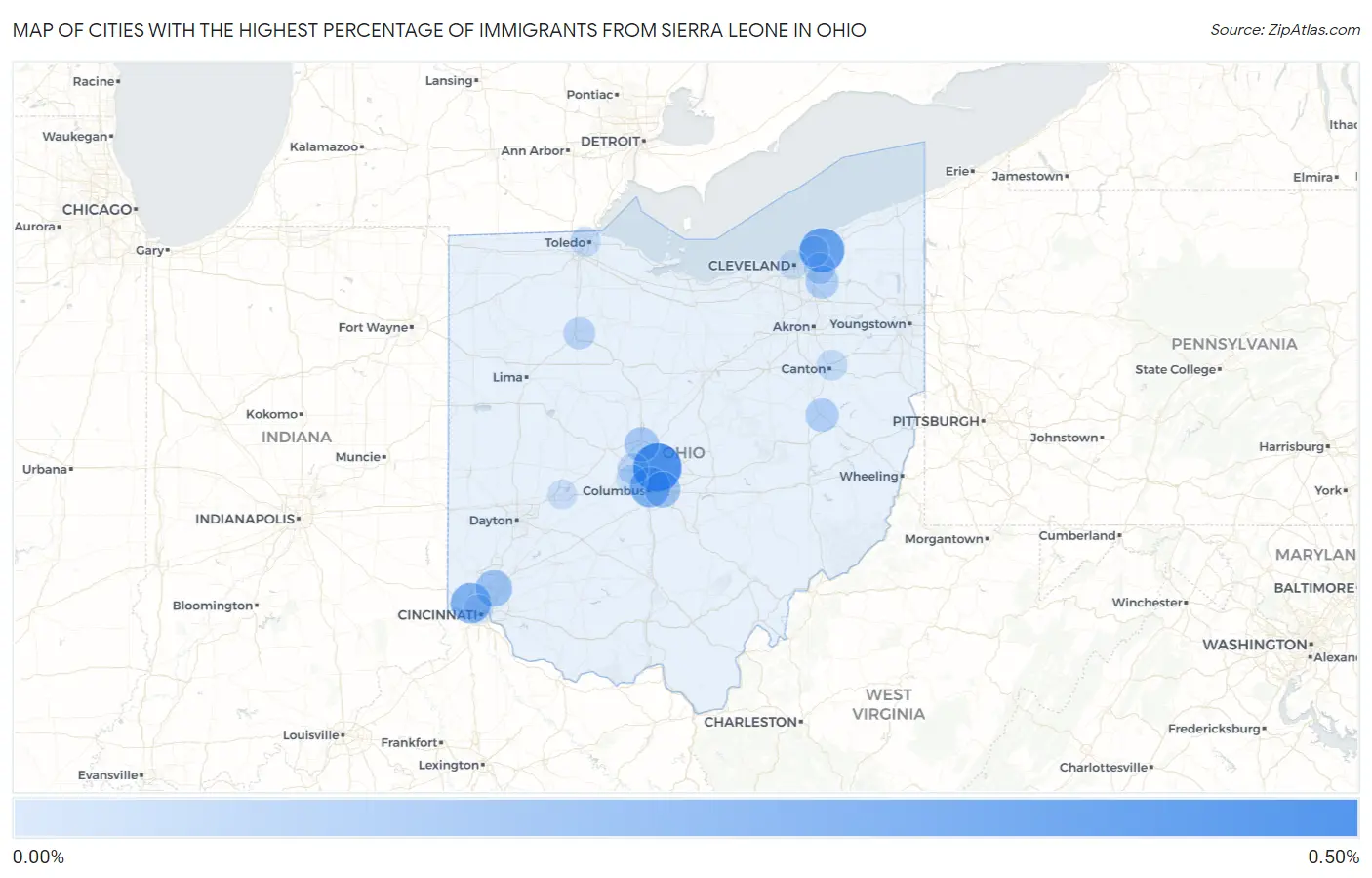 Cities with the Highest Percentage of Immigrants from Sierra Leone in Ohio Map