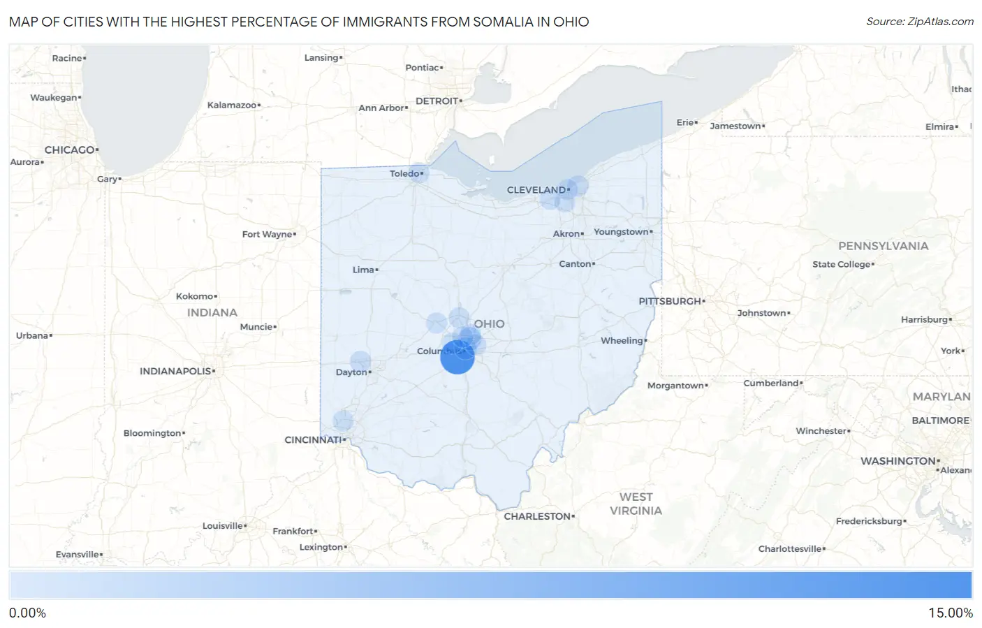 Cities with the Highest Percentage of Immigrants from Somalia in Ohio Map