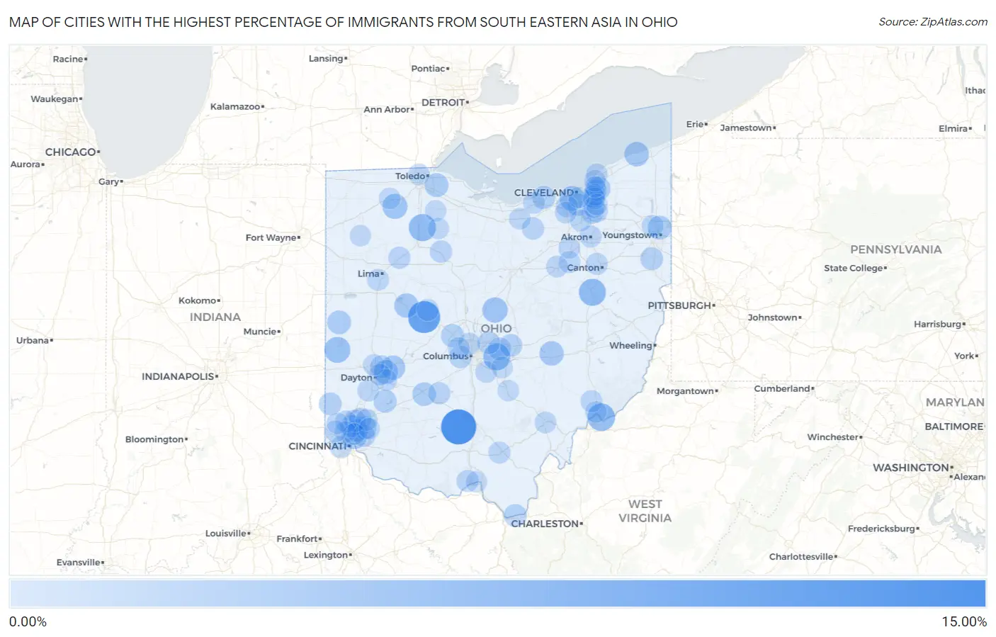 Cities with the Highest Percentage of Immigrants from South Eastern Asia in Ohio Map