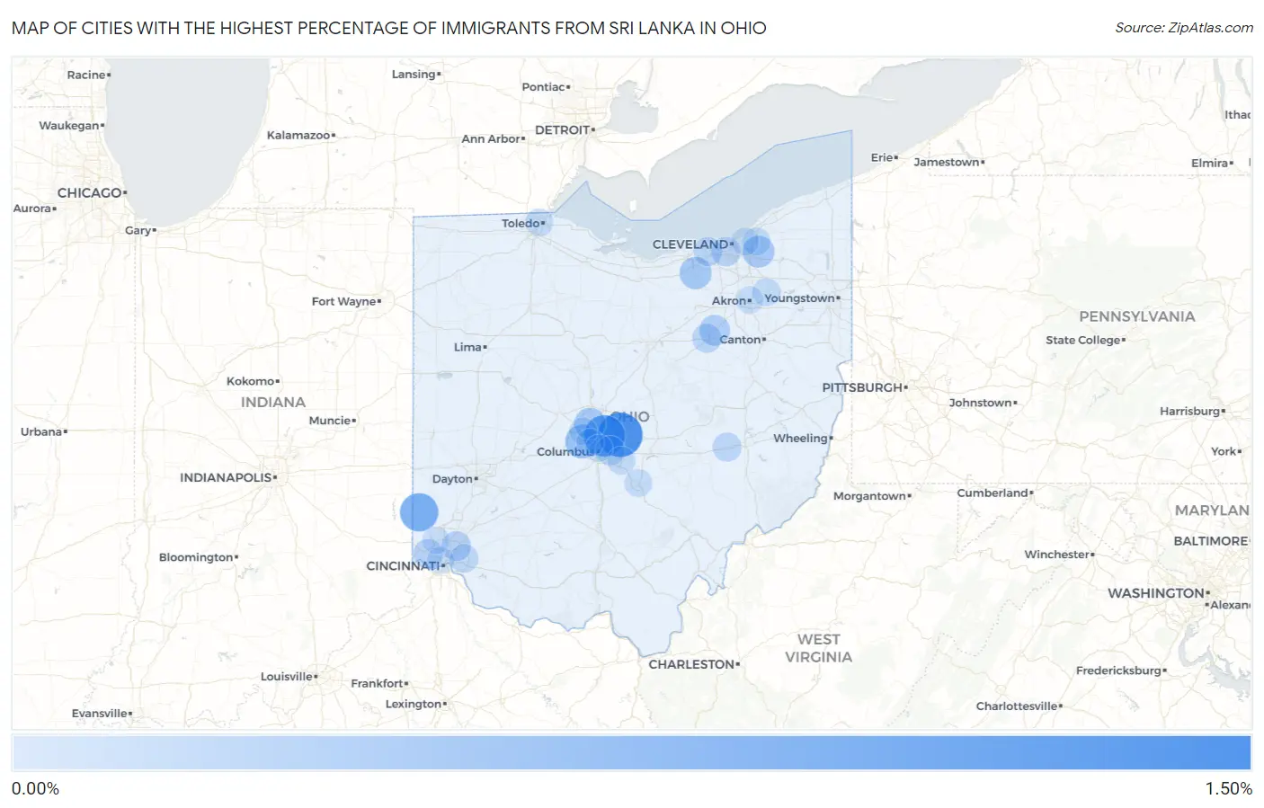 Cities with the Highest Percentage of Immigrants from Sri Lanka in Ohio Map