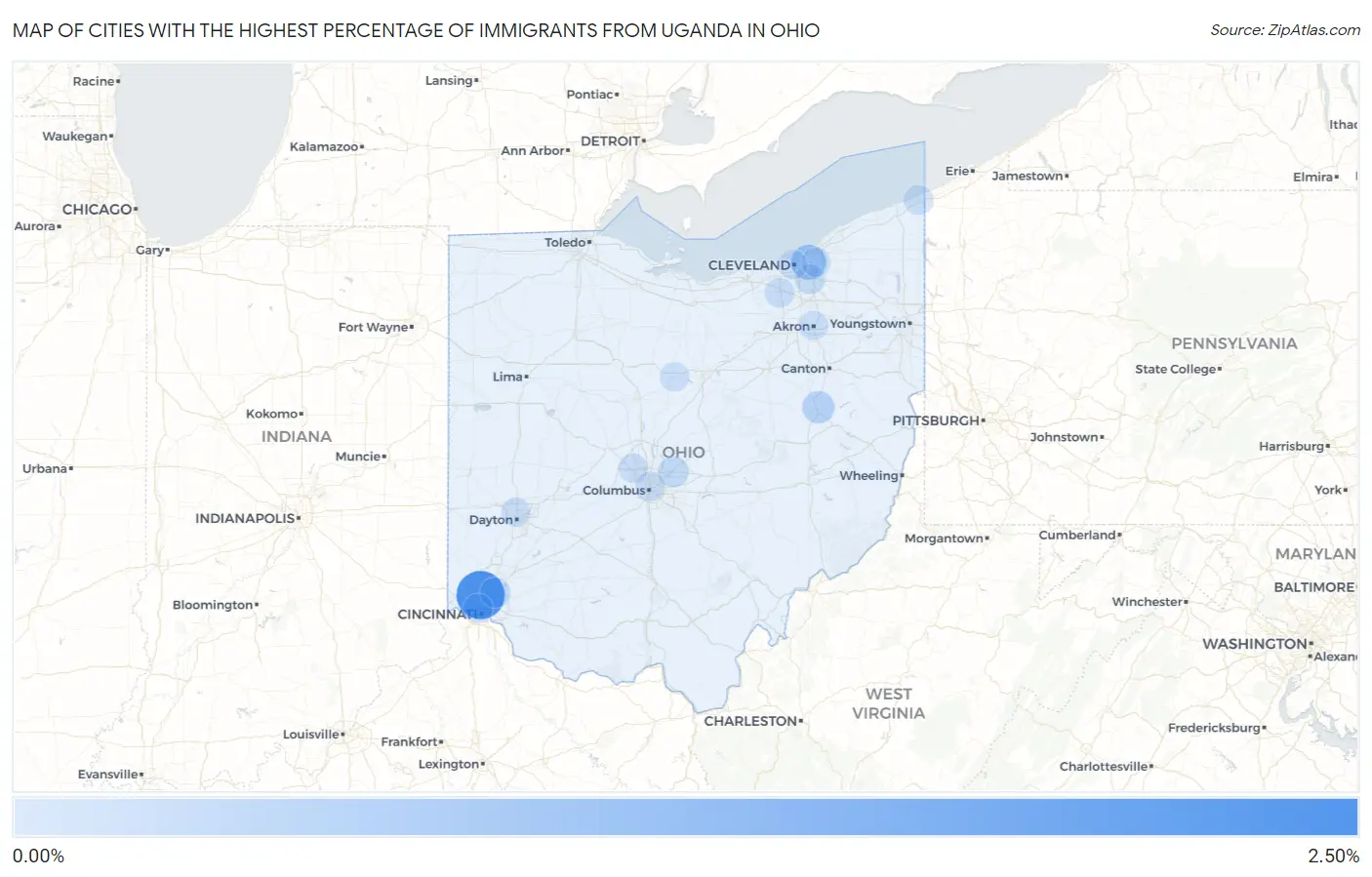 Cities with the Highest Percentage of Immigrants from Uganda in Ohio Map