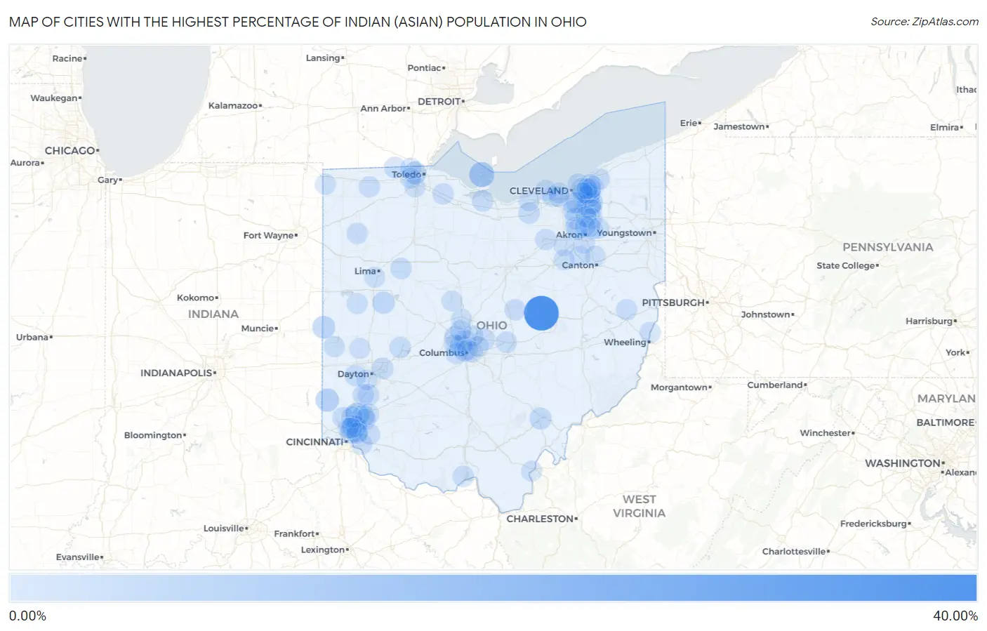 Cities with the Highest Percentage of Indian (Asian) Population in Ohio Map