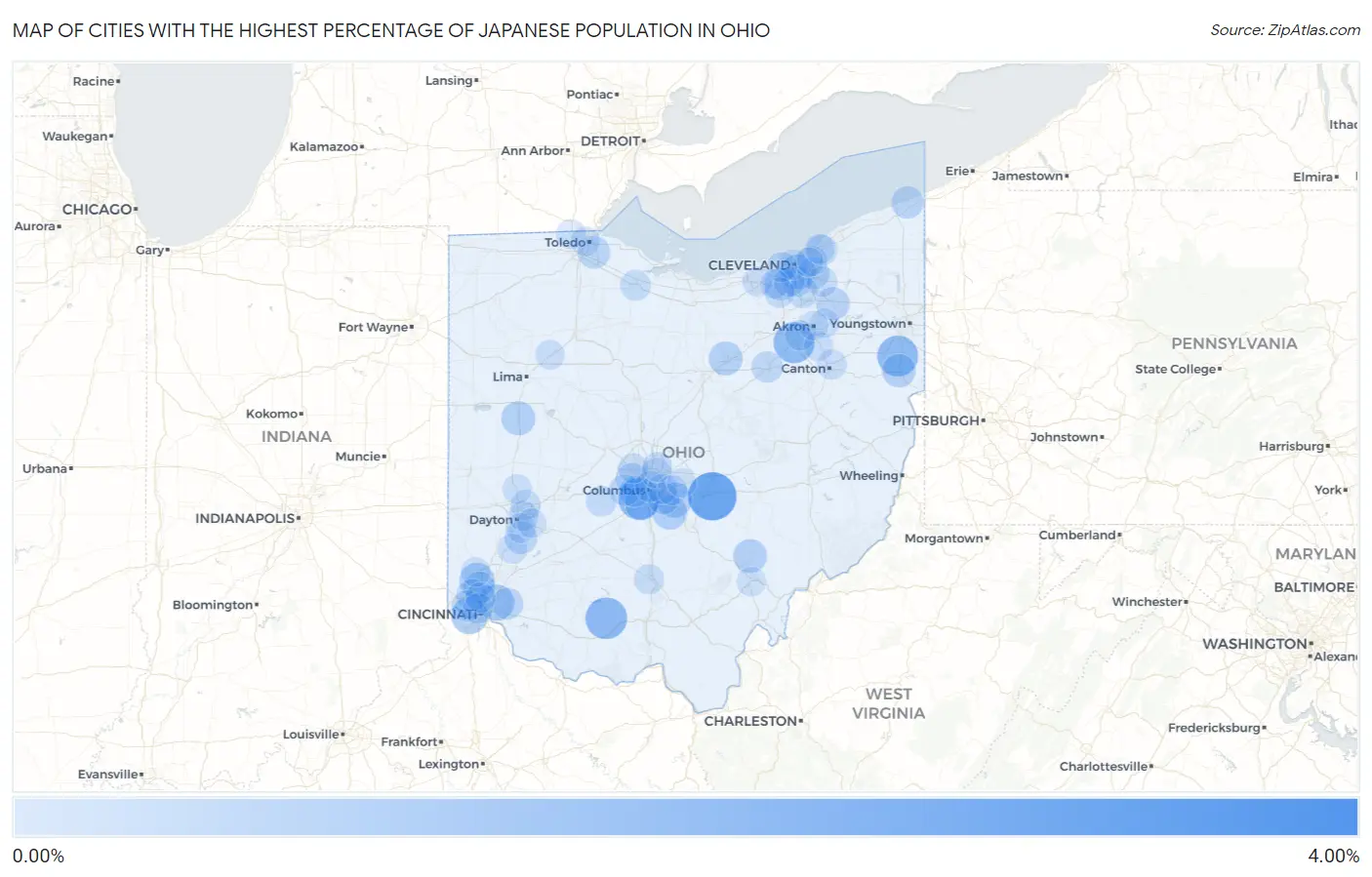 Cities with the Highest Percentage of Japanese Population in Ohio Map