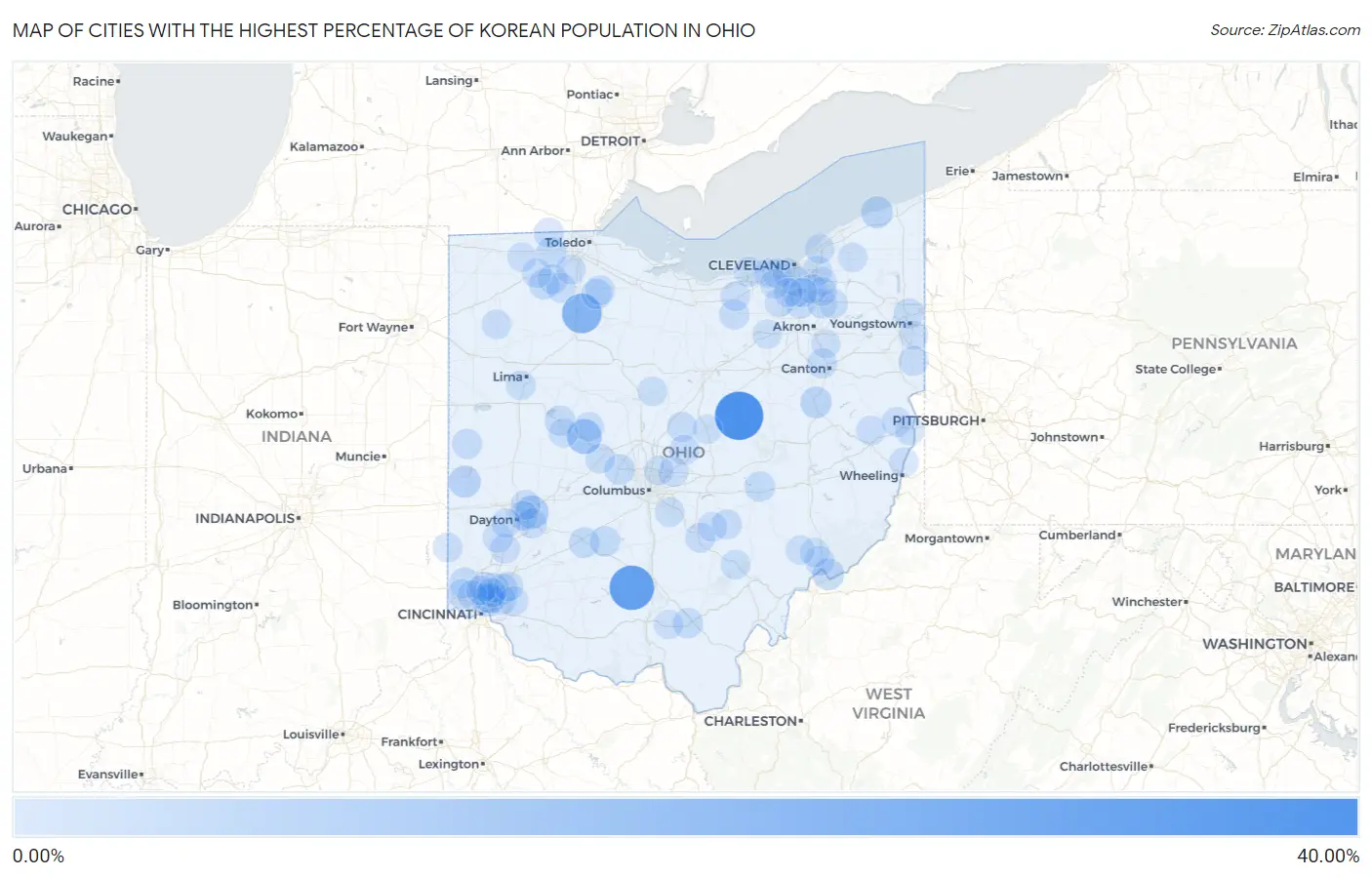 Cities with the Highest Percentage of Korean Population in Ohio Map