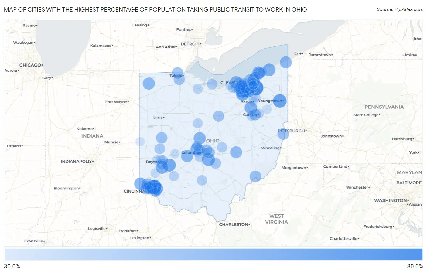 Cities with the Highest Percentage of Population Taking Public Transit to Work in Ohio Map
