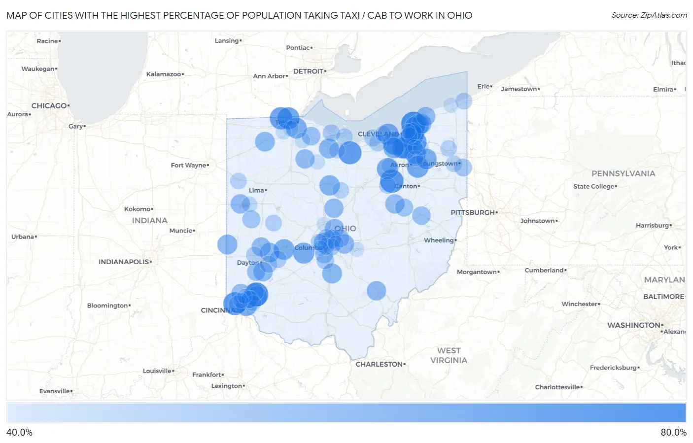 Cities with the Highest Percentage of Population Taking Taxi / Cab to Work in Ohio Map