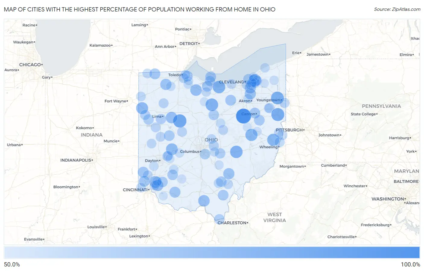 Cities with the Highest Percentage of Population Working from Home in Ohio Map