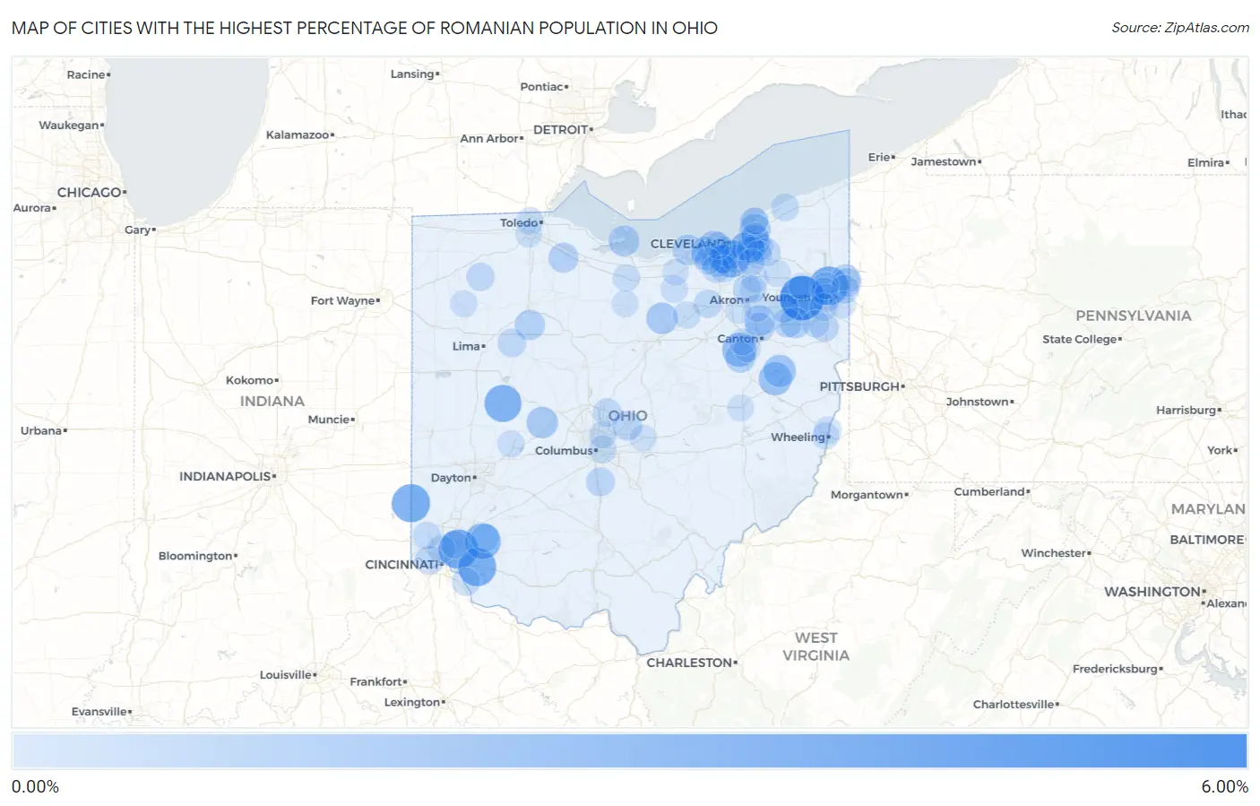 Cities with the Highest Percentage of Romanian Population in Ohio Map