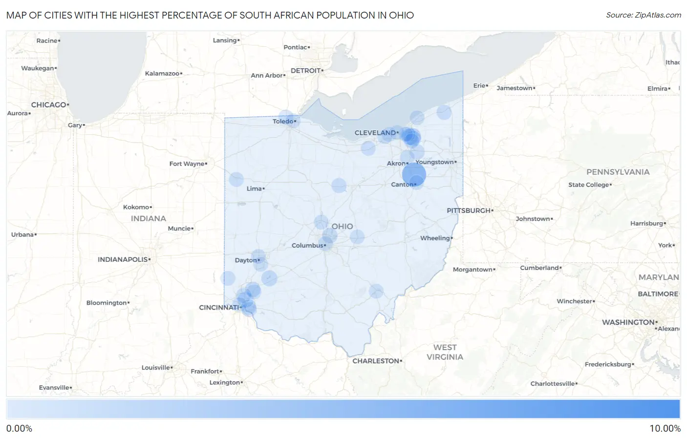 Cities with the Highest Percentage of South African Population in Ohio Map