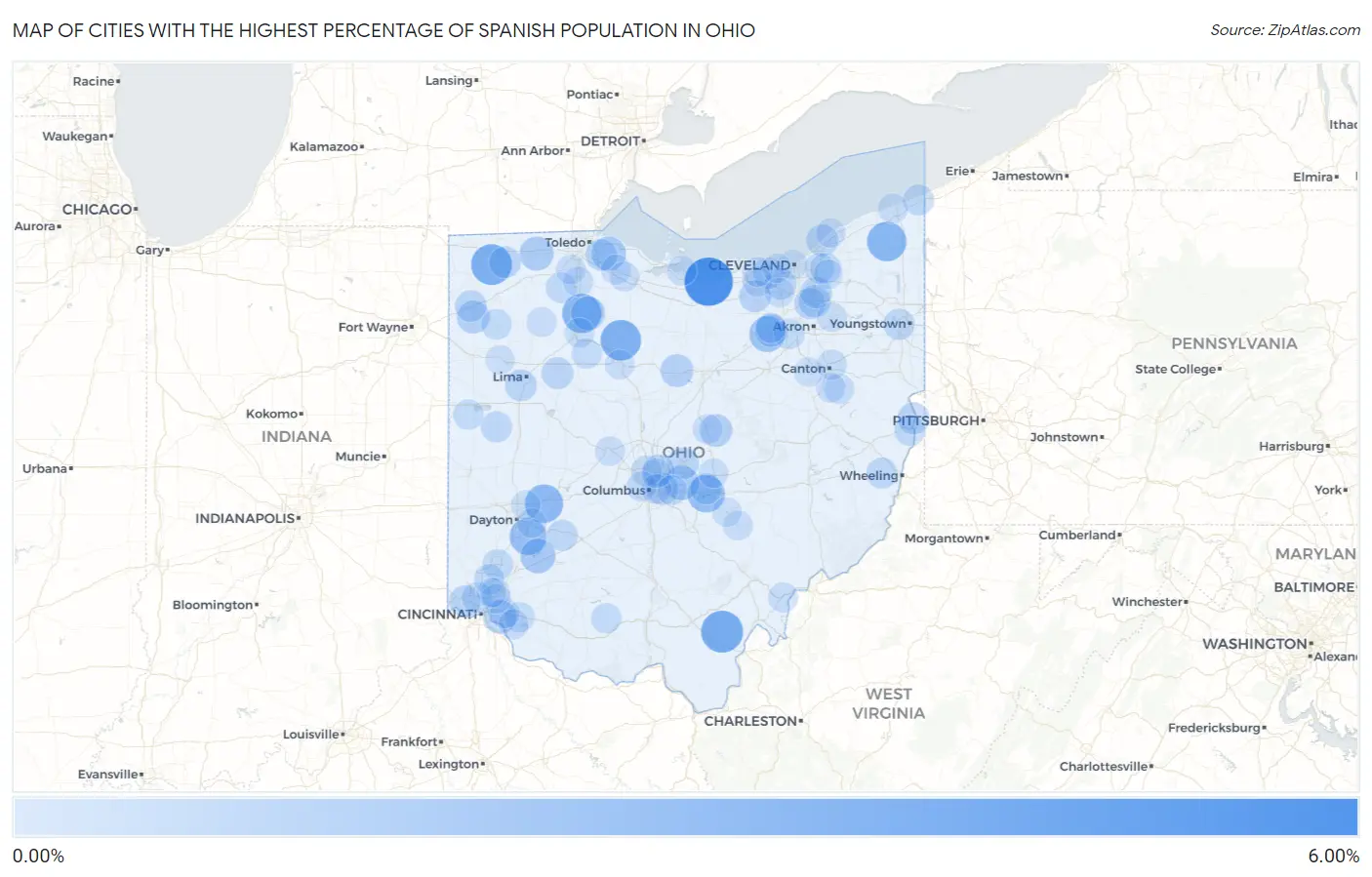 Cities with the Highest Percentage of Spanish Population in Ohio Map