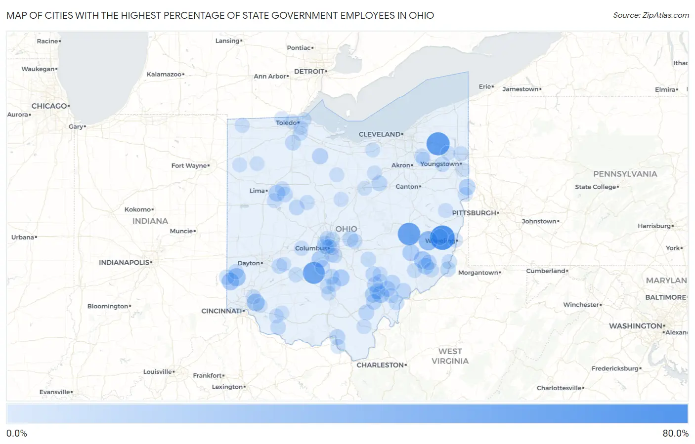 Cities with the Highest Percentage of State Government Employees in Ohio Map