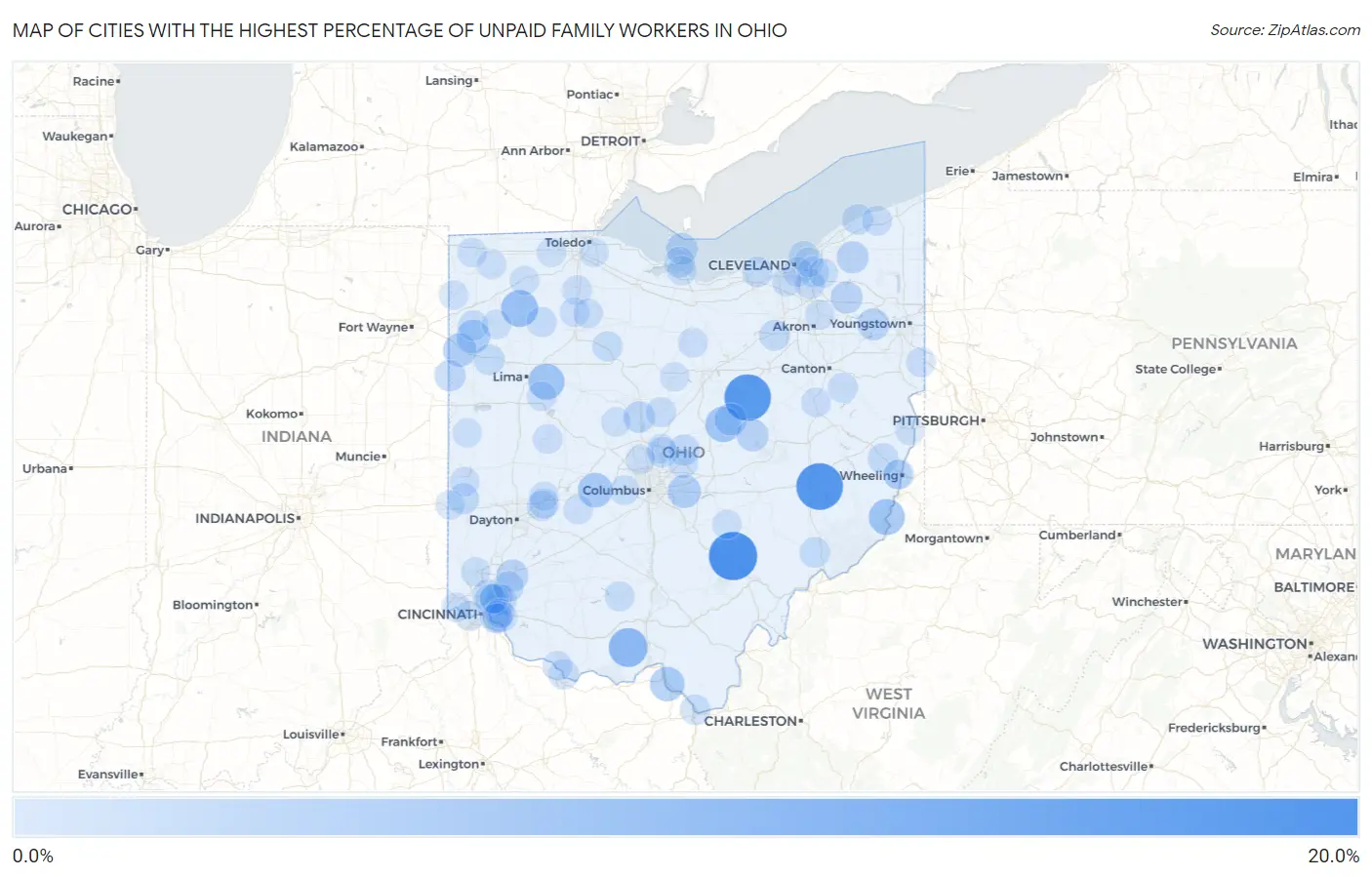 Cities with the Highest Percentage of Unpaid Family Workers in Ohio Map