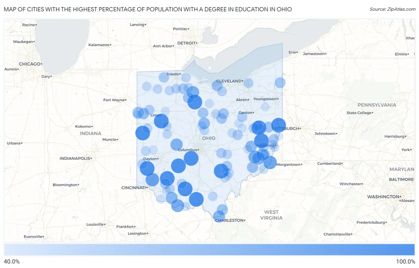Cities with the Highest Percentage of Population with a Degree in Education in Ohio Map