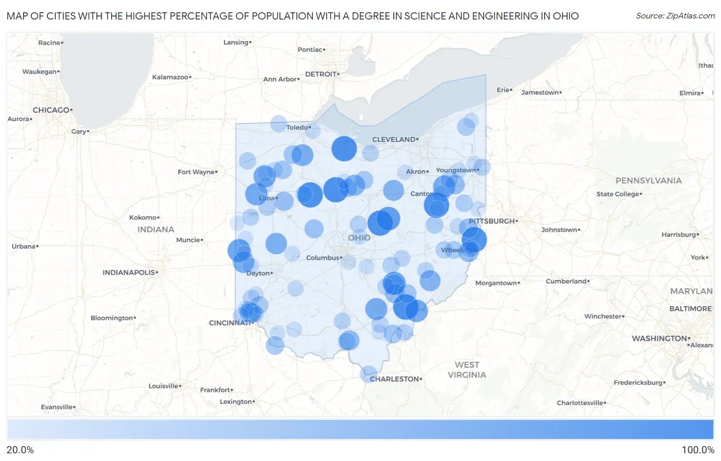 Cities with the Highest Percentage of Population with a Degree in Science and Engineering in Ohio Map