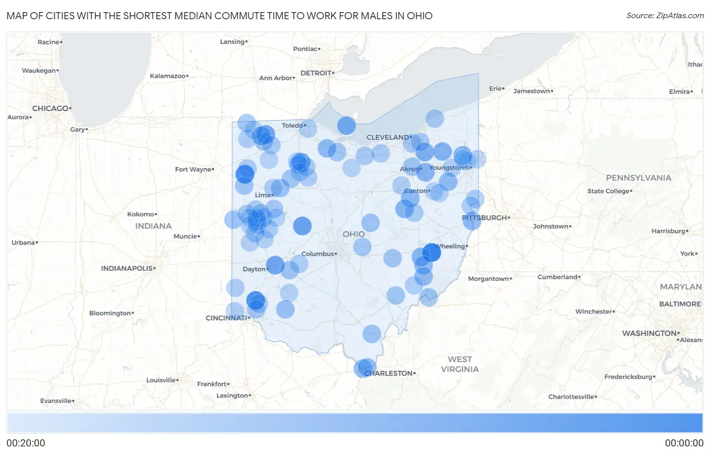 Cities with the Shortest Median Commute Time to Work for Males in Ohio Map