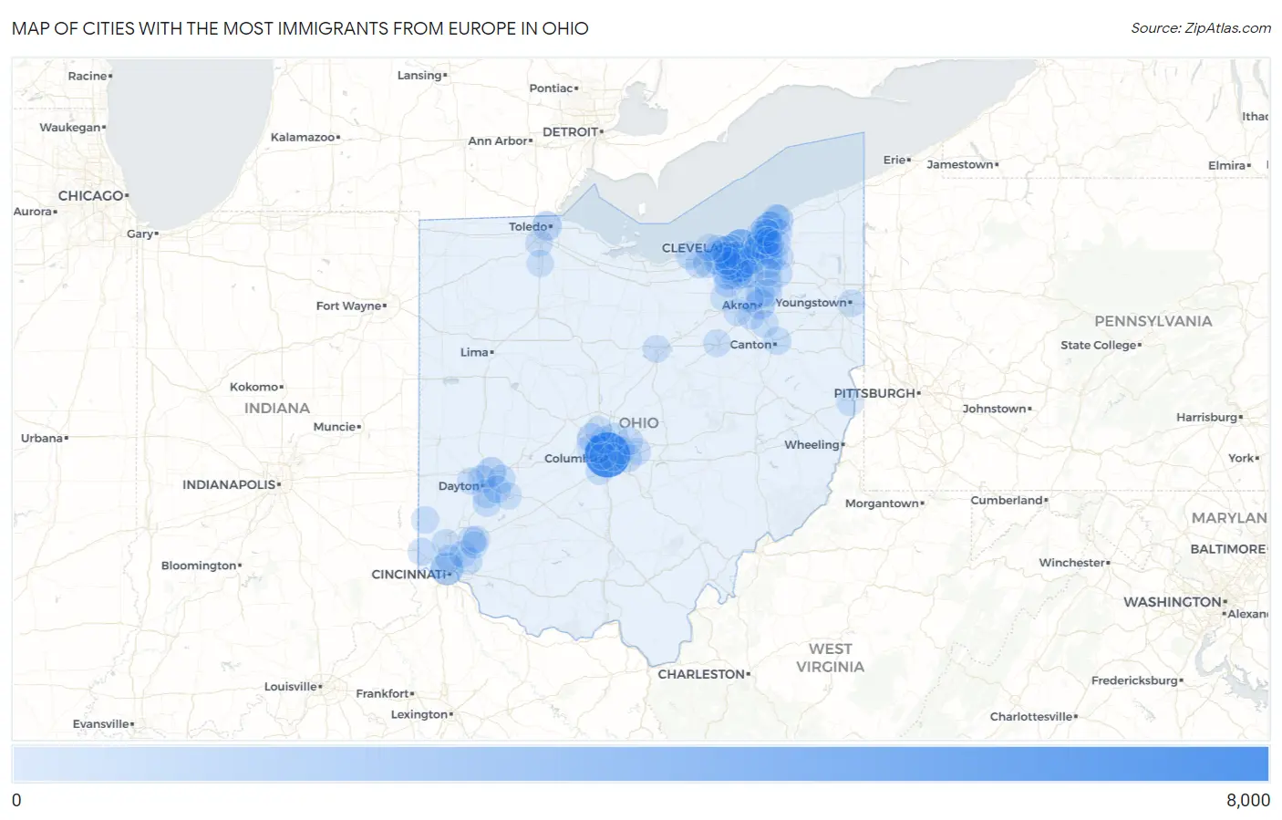 Cities with the Most Immigrants from Europe in Ohio Map