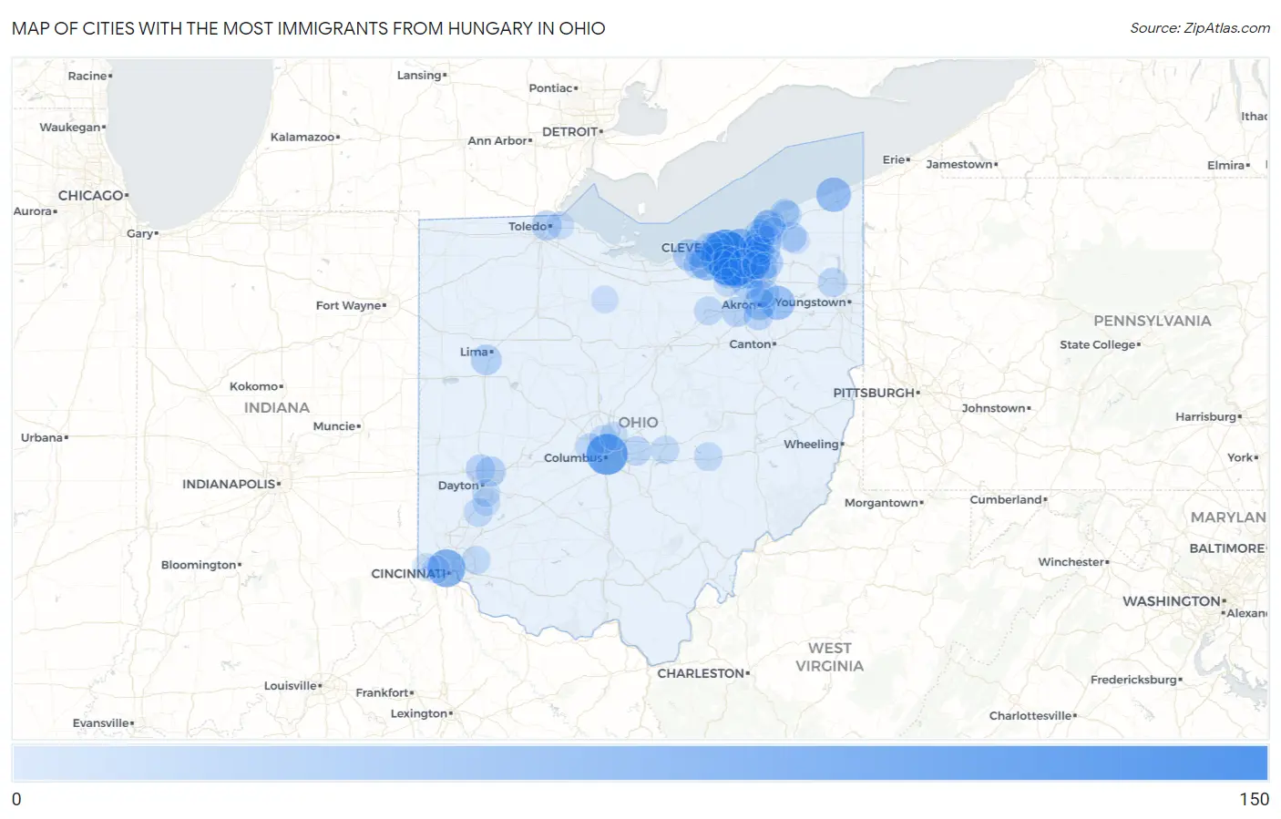 Cities with the Most Immigrants from Hungary in Ohio Map