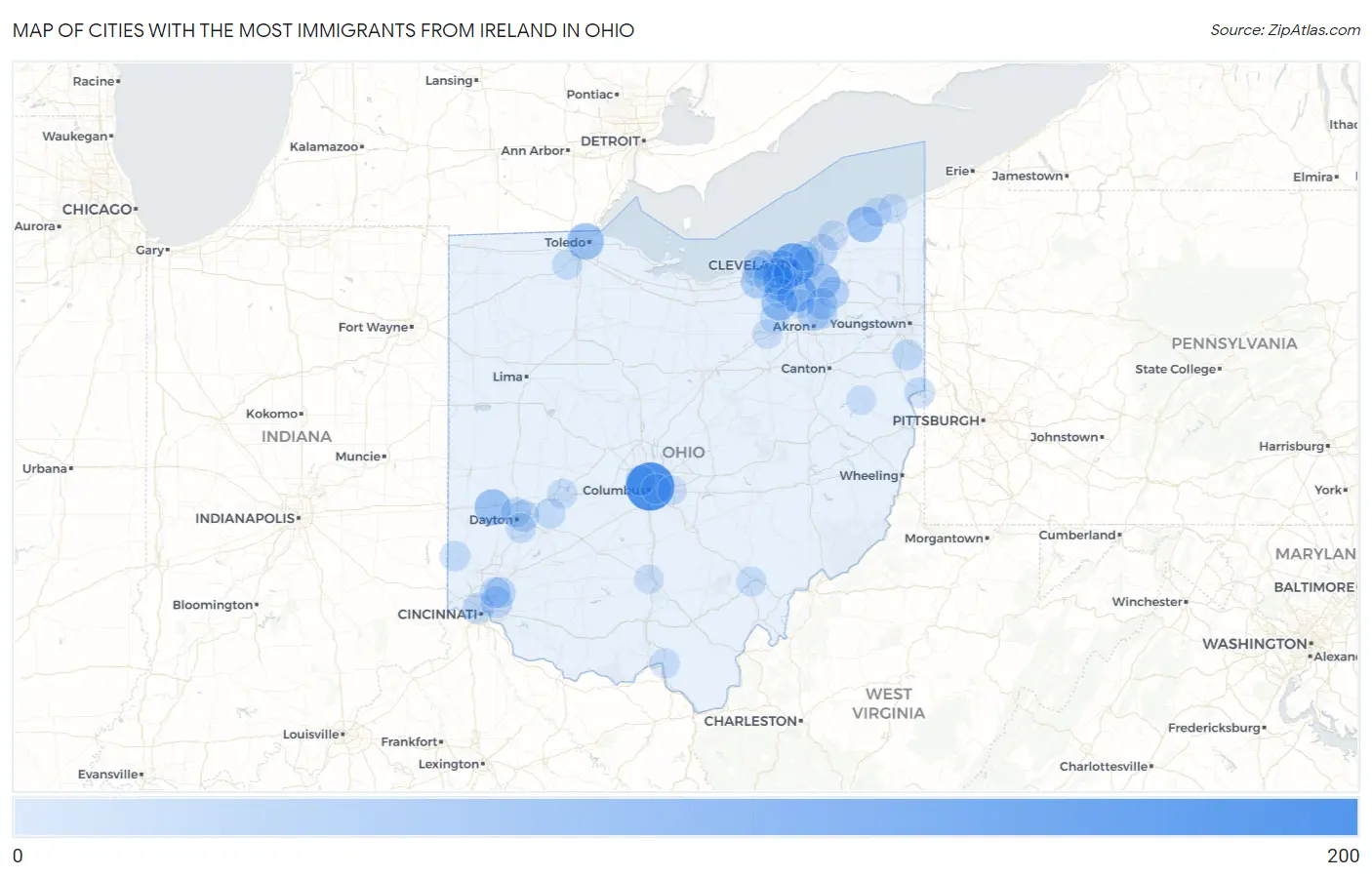 Cities with the Most Immigrants from Ireland in Ohio Map