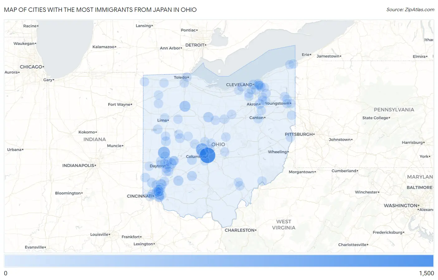Cities with the Most Immigrants from Japan in Ohio Map
