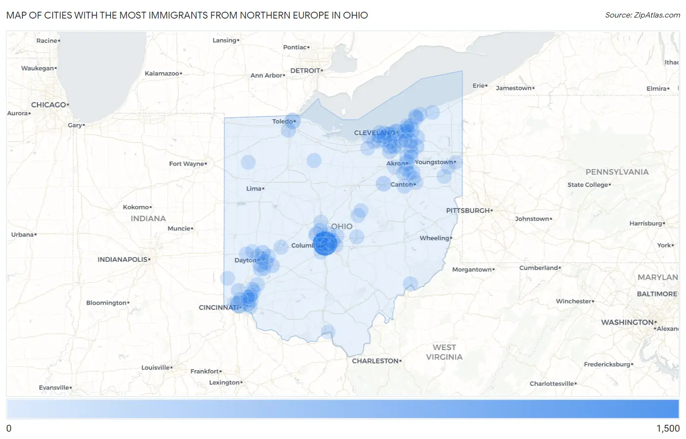 Cities with the Most Immigrants from Northern Europe in Ohio Map