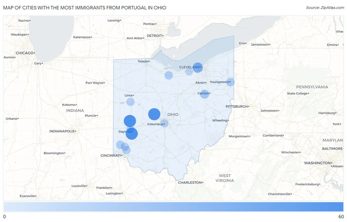 Cities with the Most Immigrants from Portugal in Ohio Map