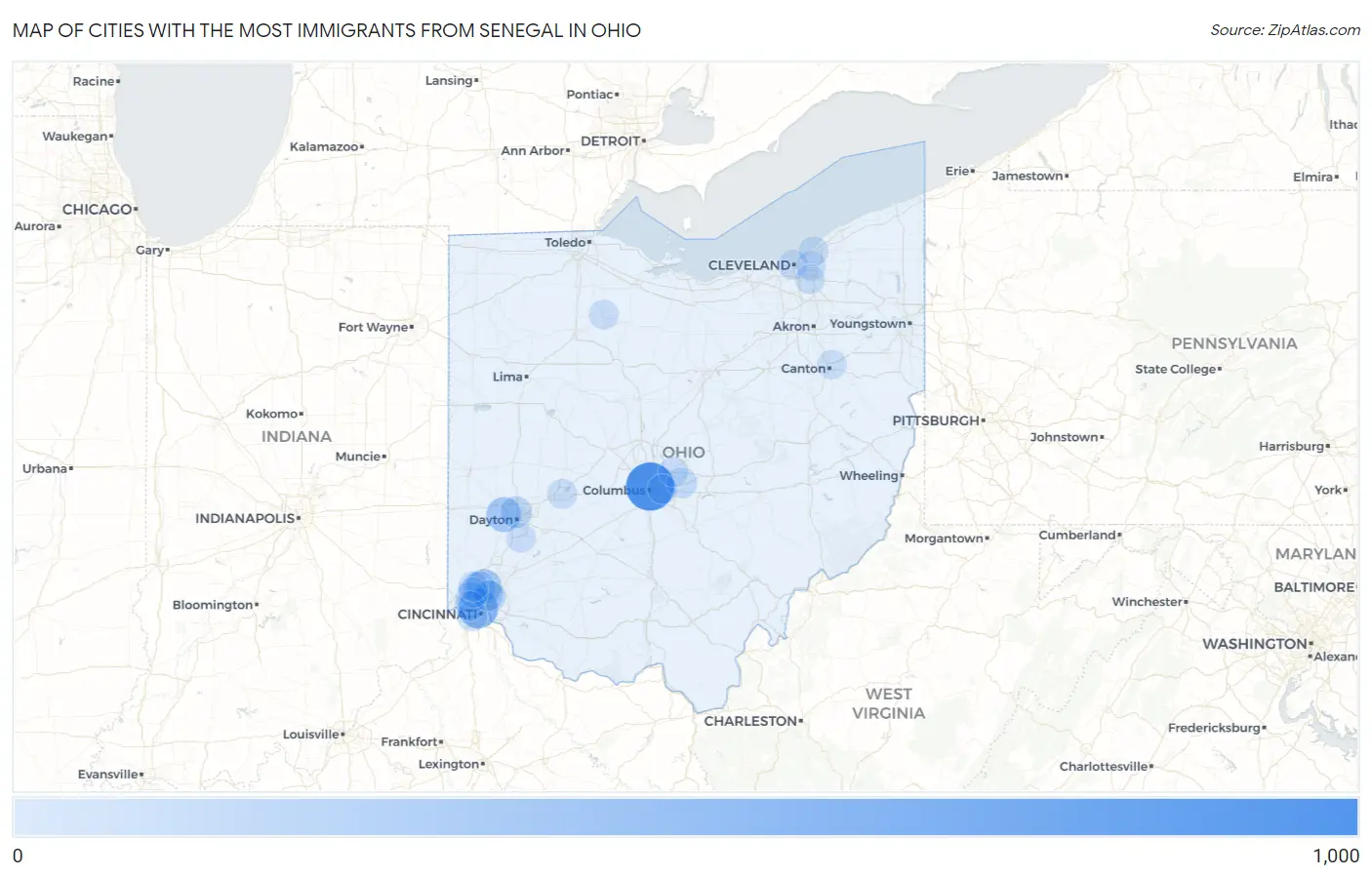 Cities with the Most Immigrants from Senegal in Ohio Map