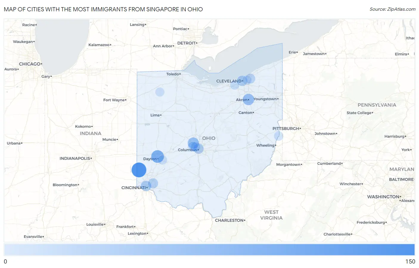 Cities with the Most Immigrants from Singapore in Ohio Map