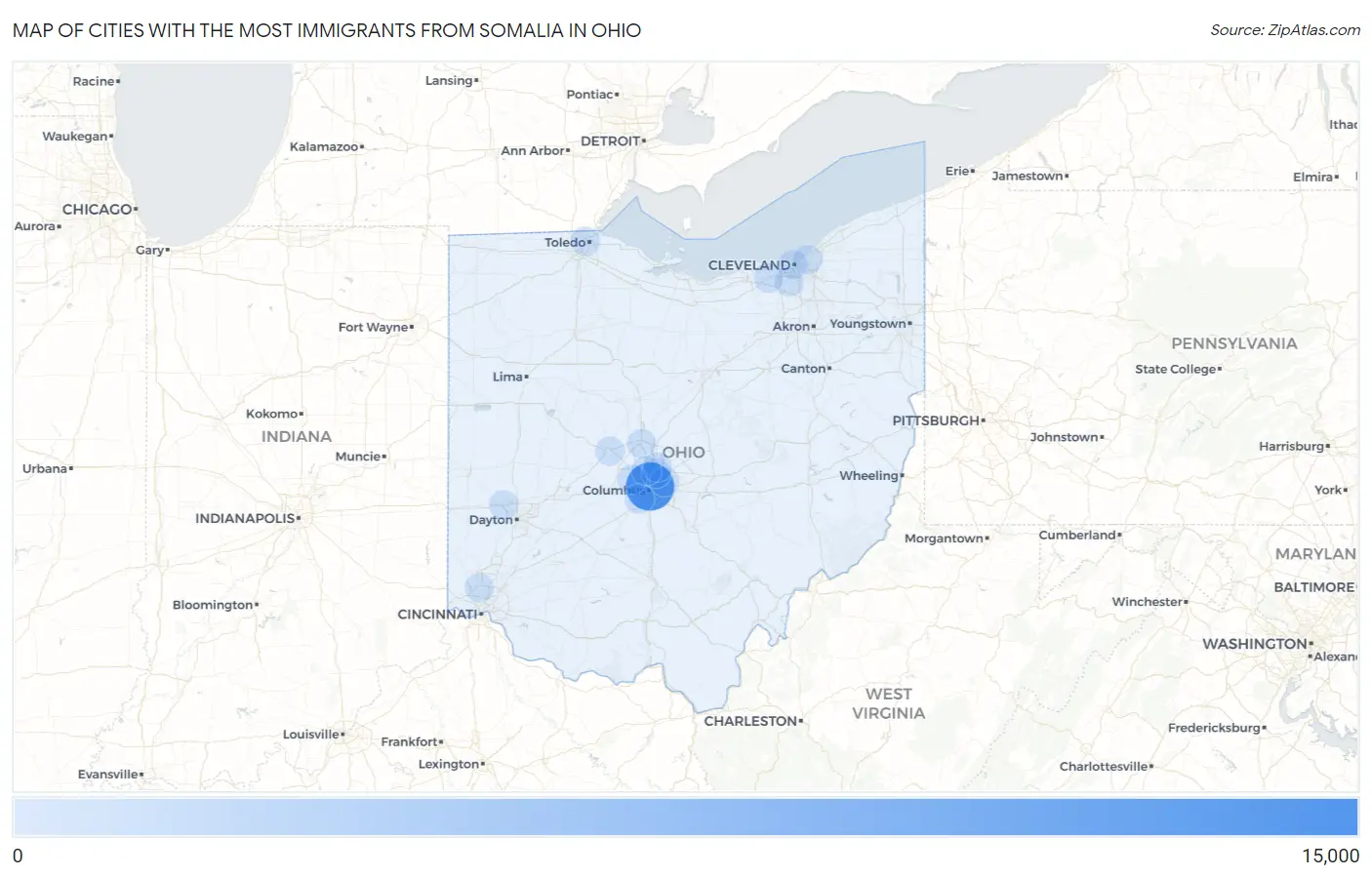 Cities with the Most Immigrants from Somalia in Ohio Map