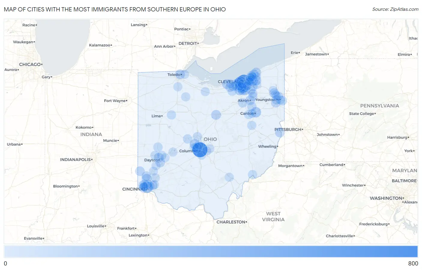 Cities with the Most Immigrants from Southern Europe in Ohio Map