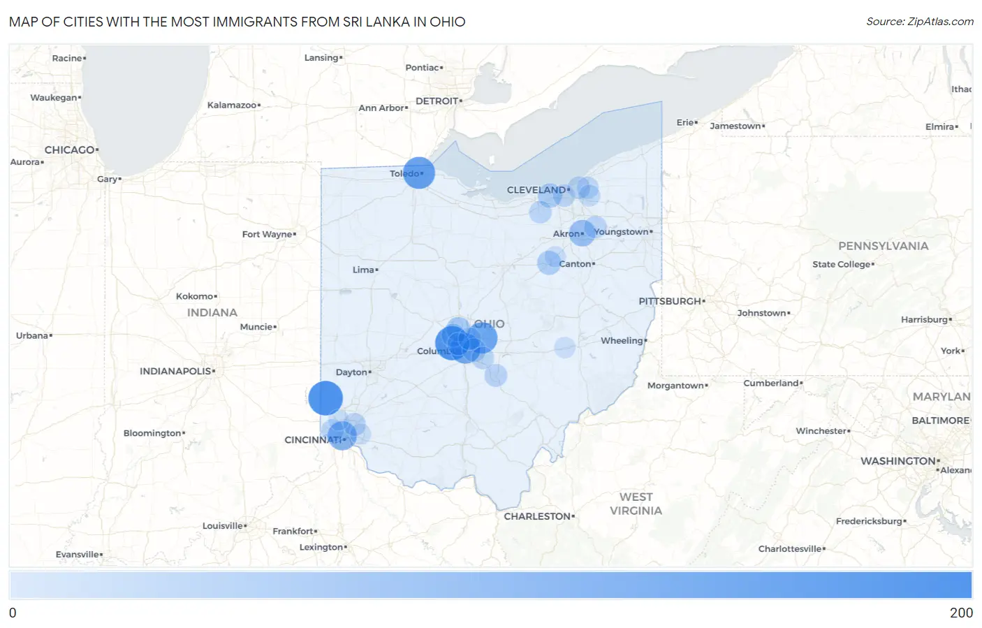 Cities with the Most Immigrants from Sri Lanka in Ohio Map