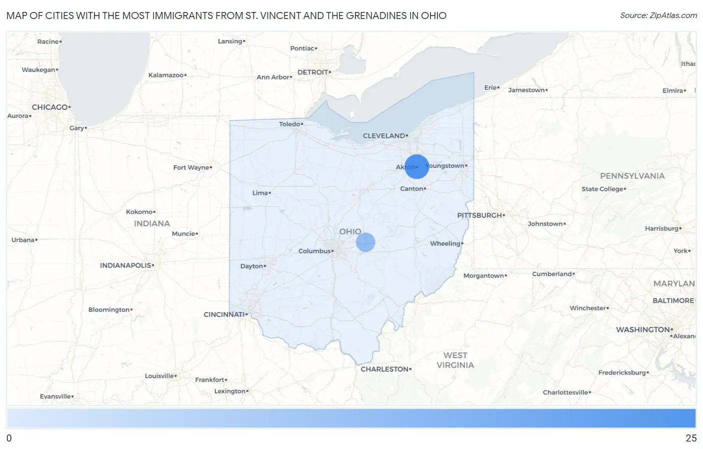 Cities with the Most Immigrants from St. Vincent and the Grenadines in Ohio Map