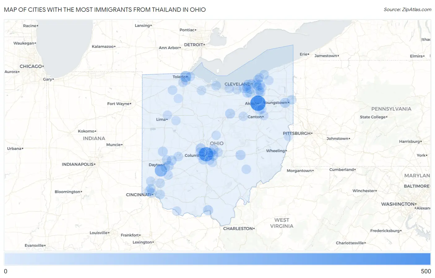 Cities with the Most Immigrants from Thailand in Ohio Map