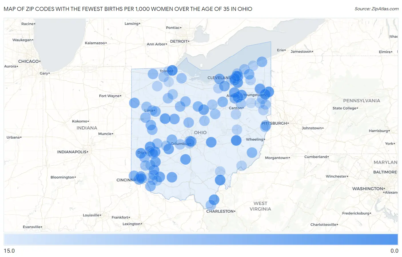 Zip Codes with the Fewest Births per 1,000 Women Over the Age of 35 in Ohio Map