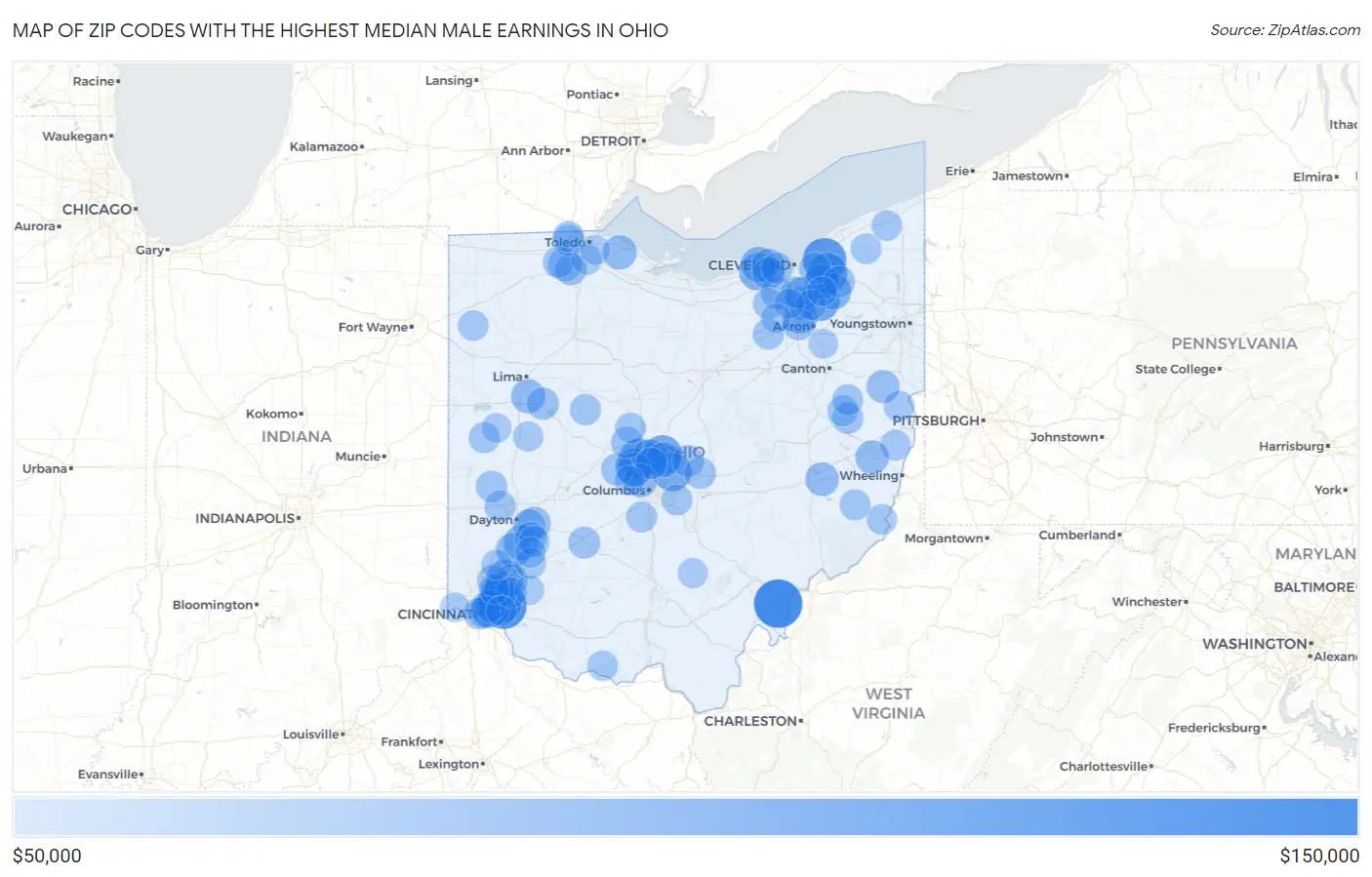 Zip Codes with the Highest Median Male Earnings in Ohio Map
