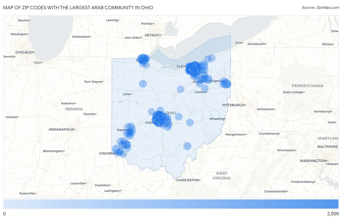 Zip Codes with the Largest Arab Community in Ohio Map