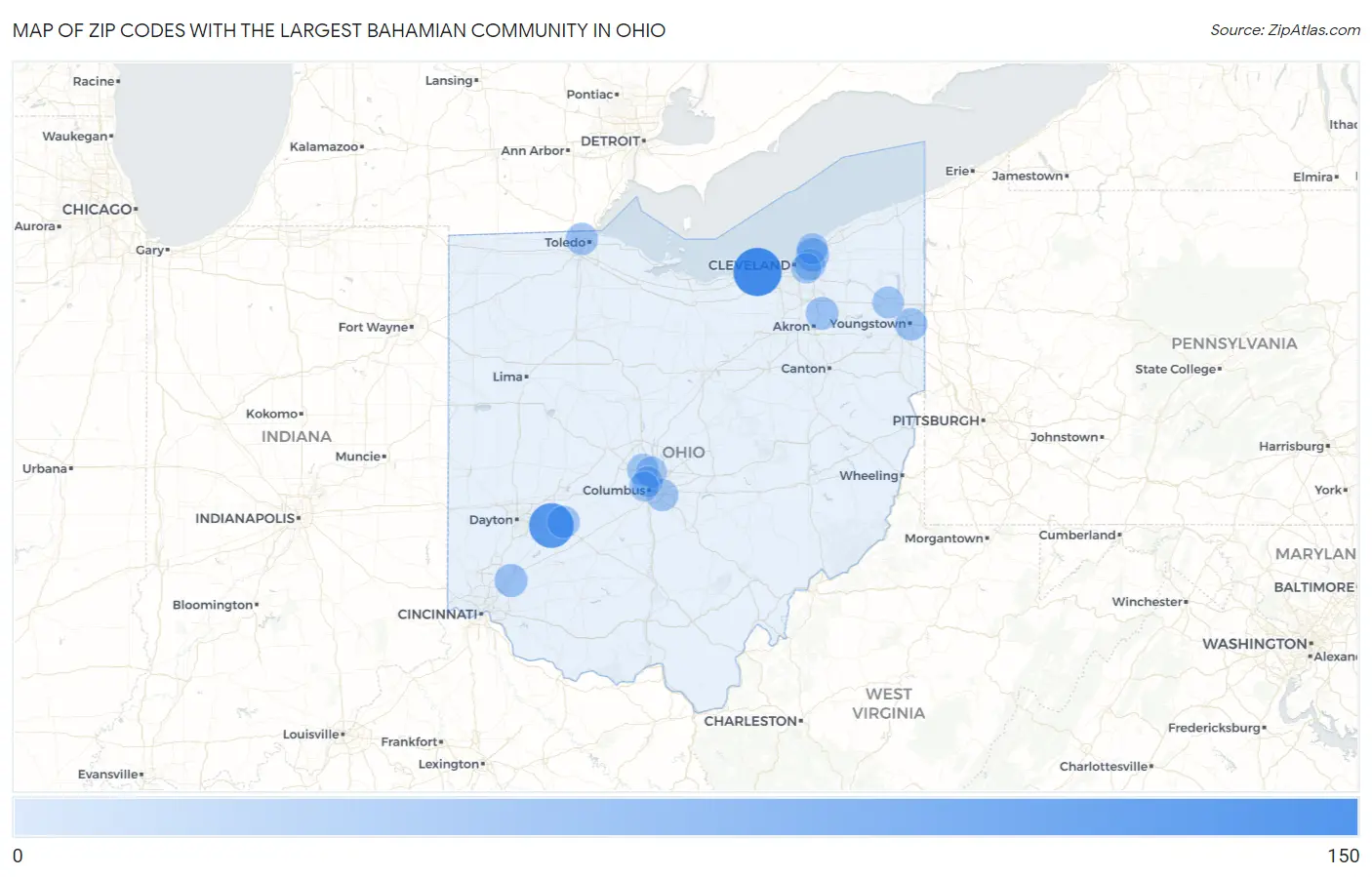 Zip Codes with the Largest Bahamian Community in Ohio Map