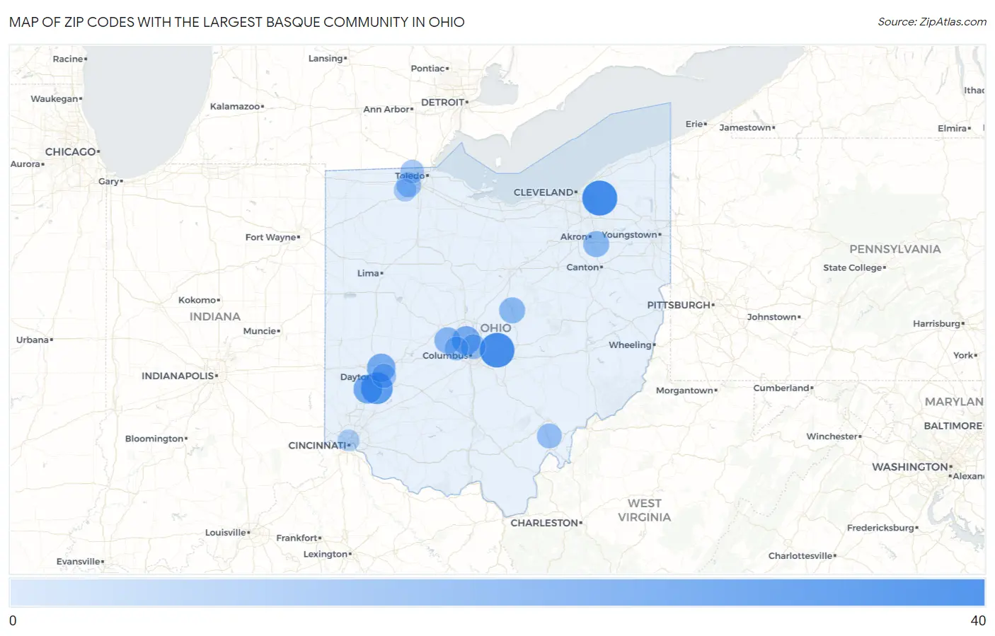 Zip Codes with the Largest Basque Community in Ohio Map