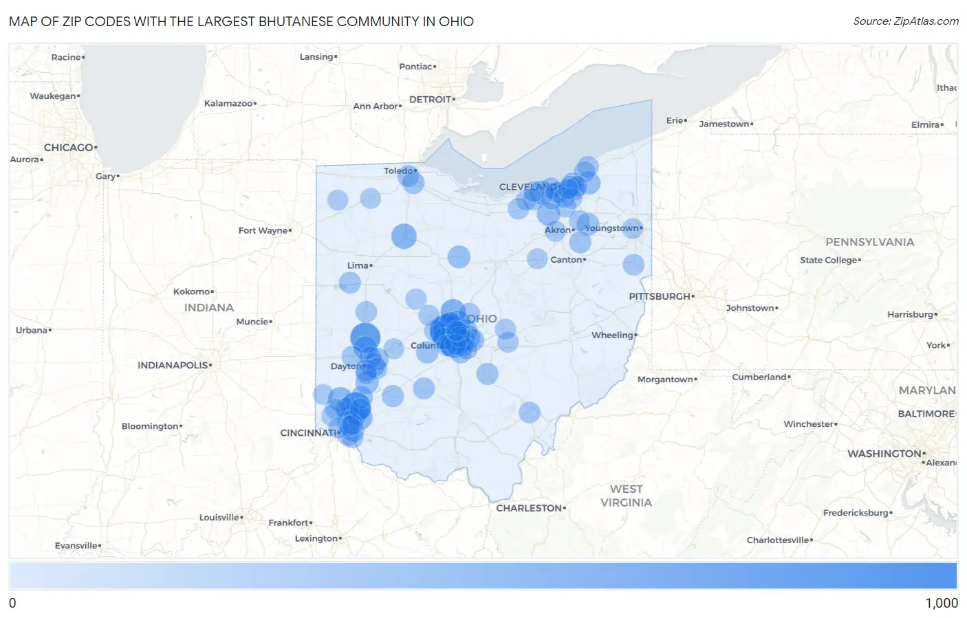 Zip Codes with the Largest Bhutanese Community in Ohio Map