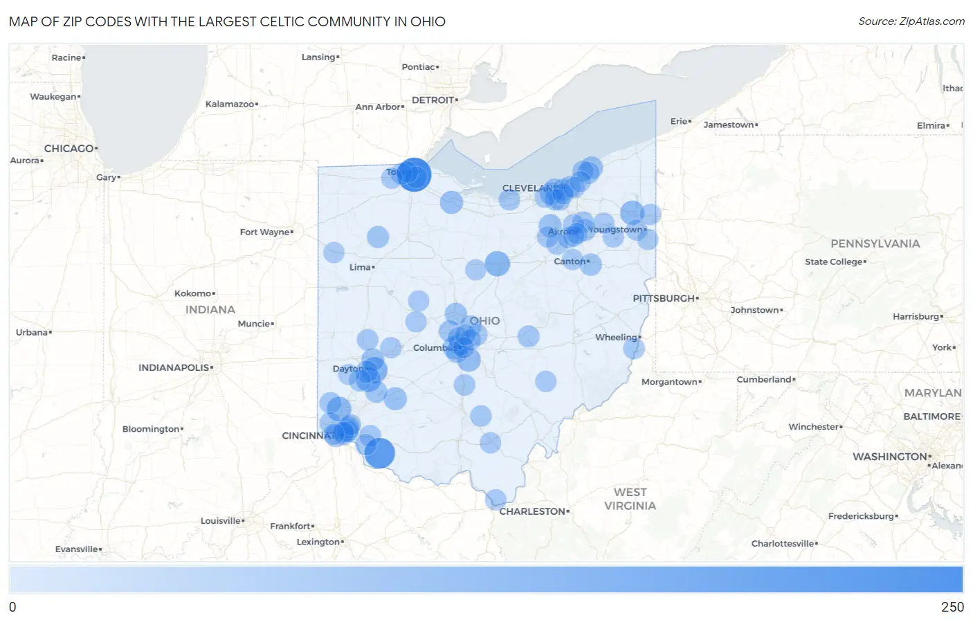 Zip Codes with the Largest Celtic Community in Ohio Map